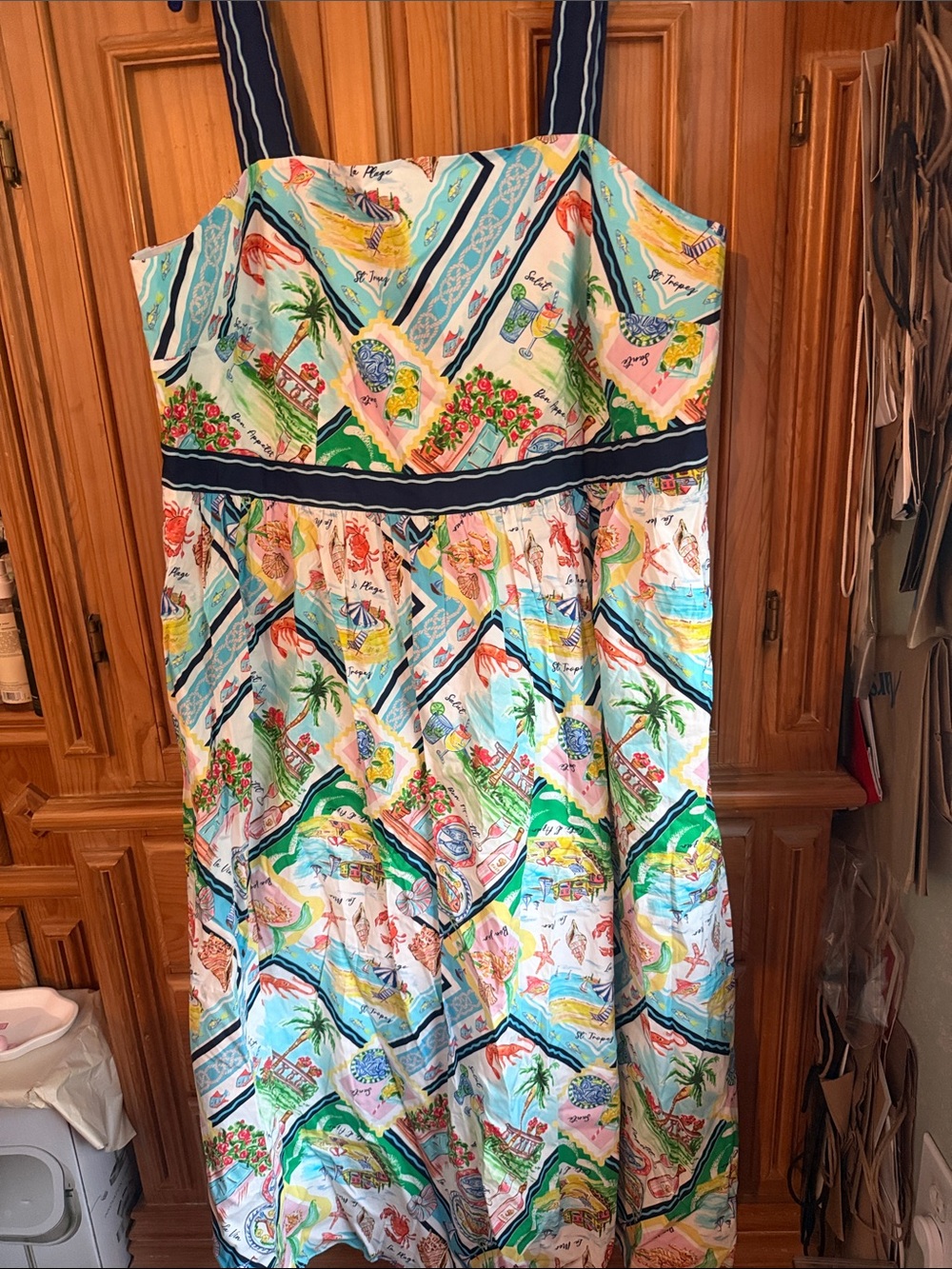 Talbots Multicolor Beach Print Sundress with Navy Stripes